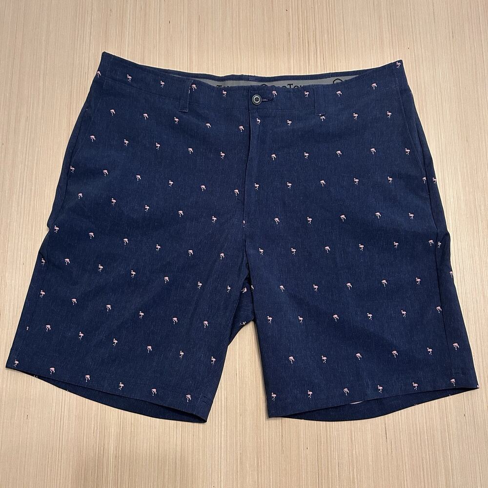 PRO TOUR Men's Golf Shorts Navy Size 38 Pink Flamingos Embroidered‎ Flat Front